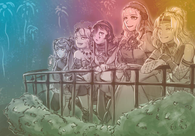 A sketch of 5 girls from Project:Livium - from left to right, Yuela Guigui, Lillis Infernallies, Aliza Constante IV, Renita Maybelle, and Fareye Closhartt They're standing behind some railings looking out into the distance at some fireworks
