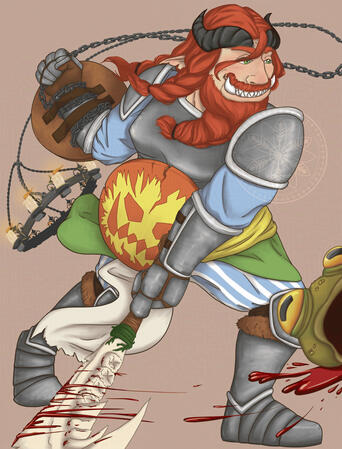 B'ob v2 B'ob the ogre. He is looking off screen to the right with a wide grin and an excited expression. He has fair skin, red hair and beard woven into braids, and green eyes. B'ob wears a grey breastplate fitted to his pot-bellied build, with a round piece of ar