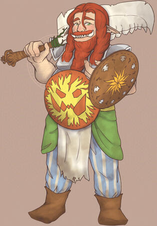 B'ob the Jolly Ogre B'ob the ogre. He is looking at the camera with gentle eyes and a wide grin. He has fair skin, red hair and beard woven into braids, and green eyes. B'ob wears a grey breastplate fitted to his pot-bellied build, with a round piece of armour right in front