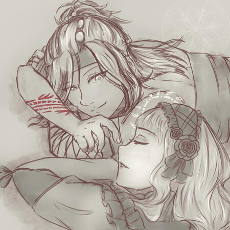 Fareye and Renita laying close by each other. Renita is sleeping, while Fareye watches her with a smile, hand about to poke Renita's nose