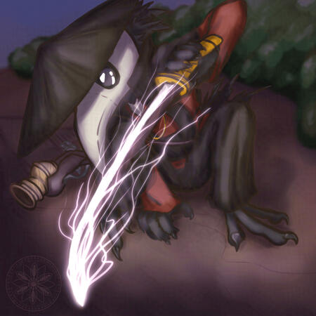 Kuro, an undead Tengu with crow-like features. He wears a white plague doctor mask, a black cone hat, and red-and-black eastern style clothes. He wields a katana covered in purplish energy and a pistol. Kuro is perched at the edge of a cliff with some shru