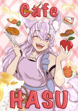 HasuYuki is an opal kitsune spirit, she has iridescent lavender hair and fur and purple eyes. She is wearing a lavender and periwinkle apron and is holding an apple and a knife while smiling brightly at the viewer. Floating around her are various foods suc