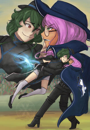 Ivy Noriaki (green hair, red eyes) smugly smiling as she uses her pyrojade to melt her duel opponent Scafell's (pink hair, green eyes) rapier. Scafell is frustrated and upset, and they are fighting in like a stadium with a lot of onlookers in the backgroun