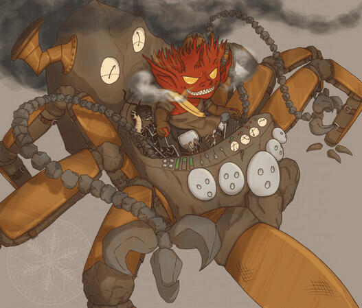 Styx is a fire goblin who is part myconid. His head is covered in growths that look like poison fire coral mushrooms. He's grinning and smoke emanates from his head and nostrils. He's also wearing work apron and gloves. Stonez is the name of the stone spi