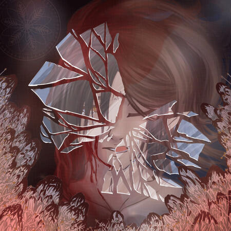 A young woman, Ramona Vehere, has her eyes closed. Blood is running down the right side of her face originating from around her right eye, which is covered by mirror fragments reflecting her partner Haruto VanHai's tearful eye. The lower left side of her f