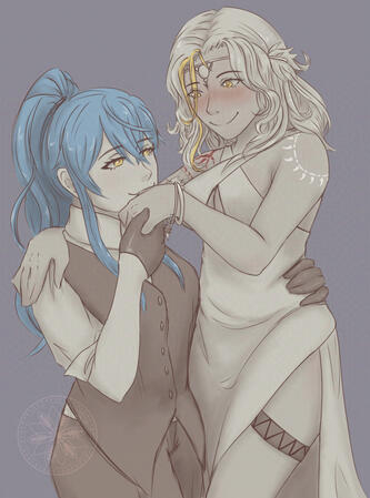 Ryoku grabbing Fareye by the waist and kissing her hand, while Fareye blushes.
