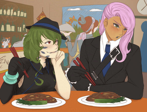 Ivy and Scafell's Date Ivy and Scafell having noodles at a Chinese restaurant, Ivy conspicuously having blue lipstick all over her face and neck looking smugly at Scafell, while Scafell looks away bashfully