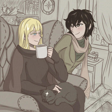 A blonde girl, Anastasya, sitting on a sofa while petting a cat and a raven-haired girl, Shi, looking over the shoulder of the sofa towards Anastasya