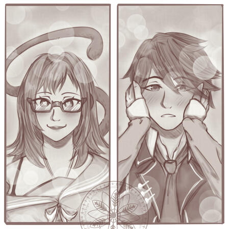 Sketch commission of Hoshizaru Yolanda (left) and Ghako's OC (right) Yolanda is cupping Ghako's cheeks and ghako is blushing