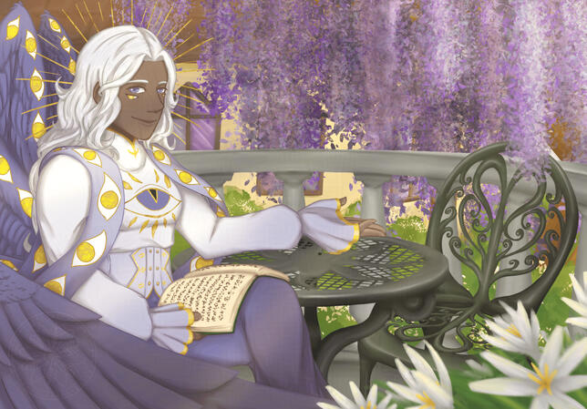 Vier the archangel is sitting on a garden chair, gesturing to a vacant chair across the table from himself. His wings are covering a large part of the scenery to the left, there's a building with beige walls and purplish windows in the back behind a wister
