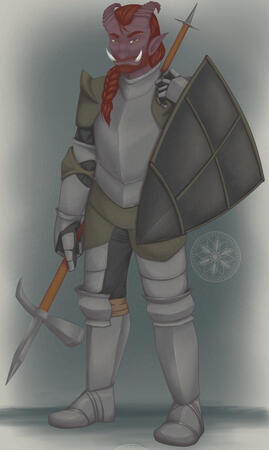 J'ob is half-ork half-ogre, with dark purplish skin and auburn hair. He wears a steel grey suit of armour accented with dark beige-ish pieces around his shoulders, elbows, and hips. He carries a black shield lined with dark painted bamboo in one hand, and