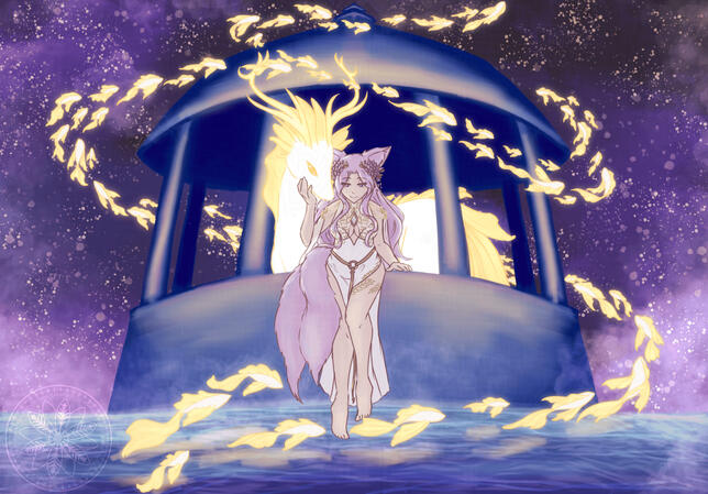 HasuYuki's Surprise me! HasuYuki in her goddess outfit sitting at the edge of a gazebo barely dipping her toes in the waters. Her fish spirits are swimming up and around the gazebo, while the king of spirits nuzzles her.