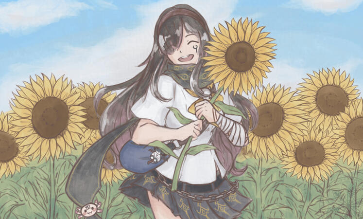 Aliza in a field of sunflowers under a bright blue sky, she's smiling and holding a sunflower as well