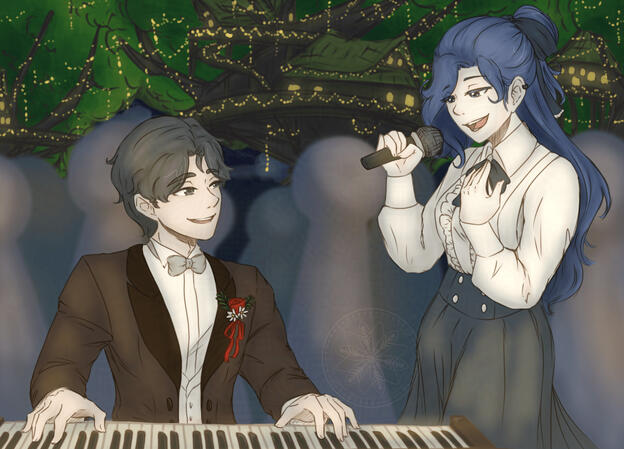 Bella and Mr.P Nighttime Duet Depicts Bella as the singer wearing a white blouse and dark blue skirt, with a dark blue ribbon neck tie. She's wearing her hair in a half up half down hairstyle, tied with a blue ribbon. Bella is singing with a soft expression, looking at Mr. P. Mr. P is